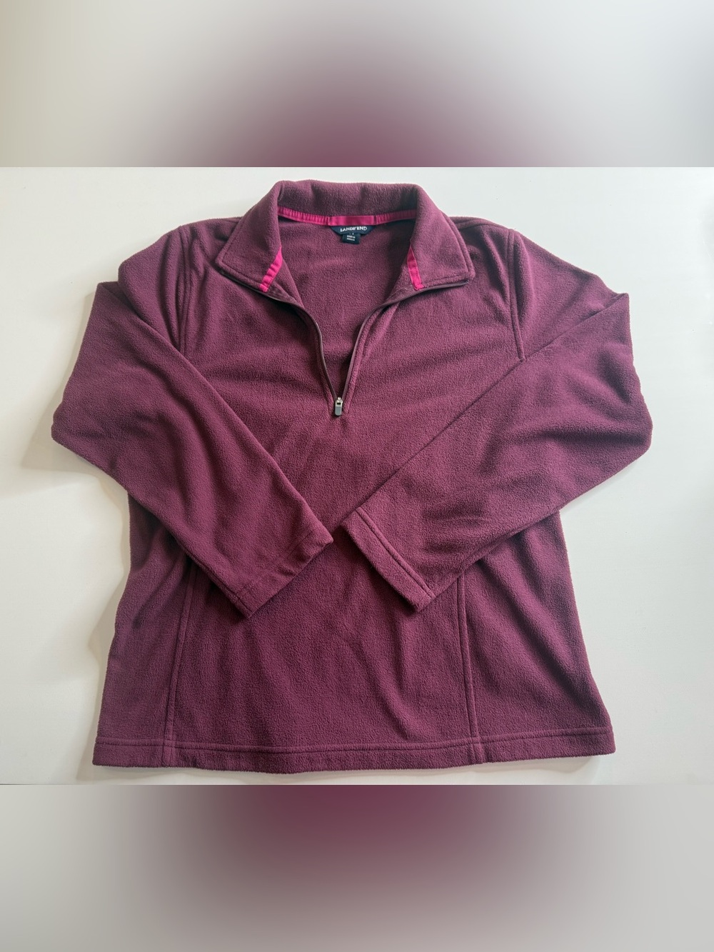 Lands' End Womens Burgundy Quarter-Zip Fleece Pullover with Pink Trim Size S